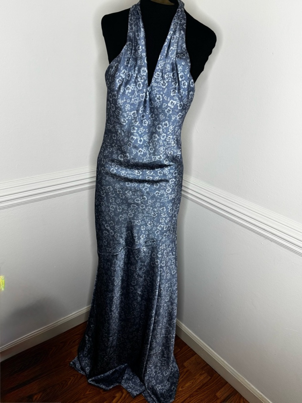 Revelry Slate Blue Floral Satin Halter Maxi Dress